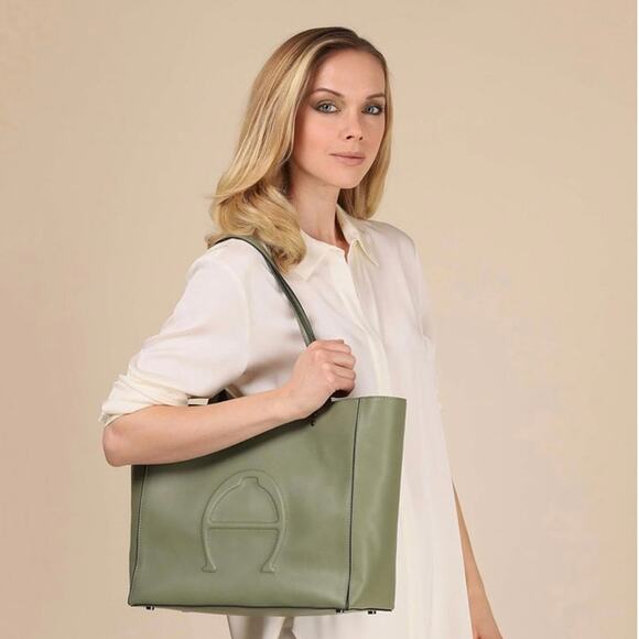 Etienne Aigner Adeline Green Leather Logo Large Tote Bag - Picture 1 of 8